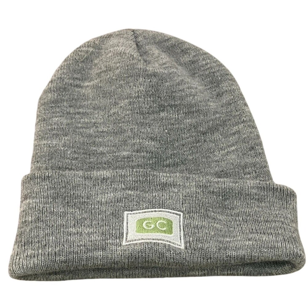 Gray Beanie Cuffed Stretch Cozy Knit Hat GC Patch Outdoor Snowcore Green Chef